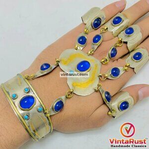 Vintage Turkmen Bracelet with Rings: Lapis Lazuli Tribal Jewelry